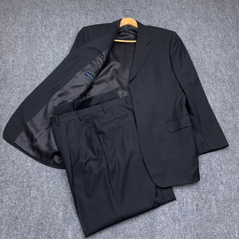 Canali 2-Piece Suit Mens 42R (Italy 52R) 34x30 Charcoal Windowpane Wool 3-Button